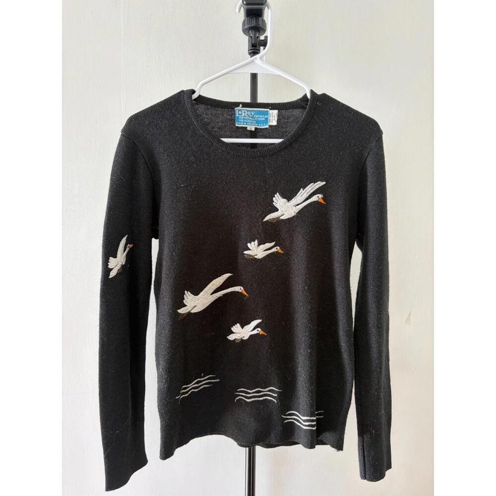 LeRoy Knitwear Black Metallic Sweater with Embroidered Flying Geese - Size S